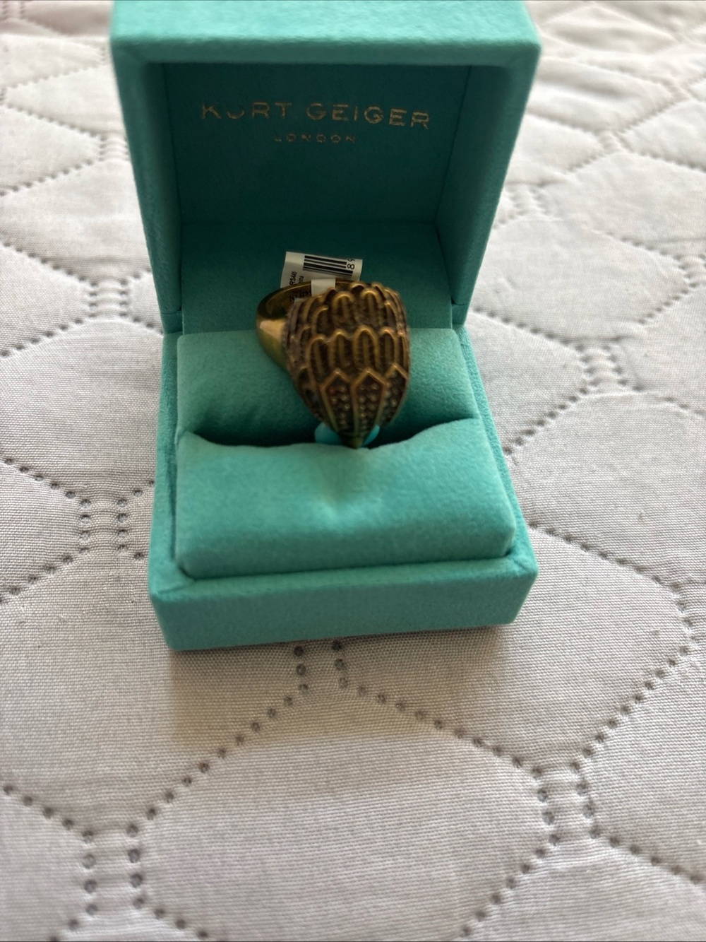 KURT GEIGER LONDON ANTIQUED GOLD TONE EAGLE HEAD RING TURQUOISE 8 New In Box